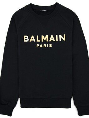 BALMAIN Paris Black Cotton Sweater With Gold Logo Detail XS